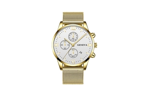 Close-up of gold men's watch with Roman numerals, calendar dial and mesh strap
