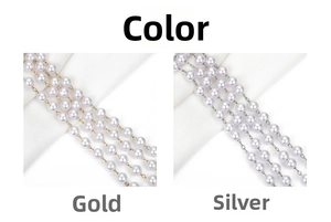 Detailed comparison of gold and rhodium plated brass chains with faux pearls for DIY jewelry