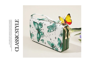 Close-up of a white butterfly print double-zipper clutch bag with a detachable strap