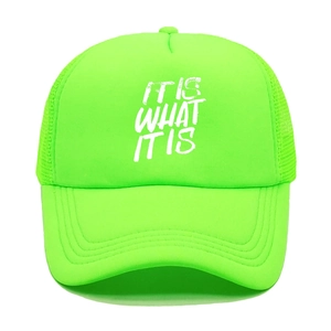 Detail of neon green trucker hat with It Is What It Is print and breathable mesh back
