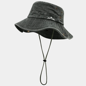 Washed charcoal fishing hat with white mountain embroidery and adjustable chin strap