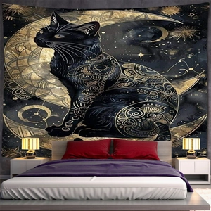 Bohemian black cat tapestry with golden moon and mandala stars for bedroom wall decor