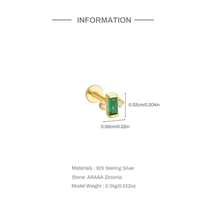 Detail view of gold S925 sterling silver labret stud with green zircon and size specs