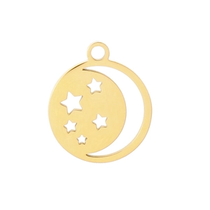 Polished gold stainless steel round pendant with moon and stars cutout patterns