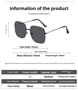Detailed size chart for square metal sunglasses showing 133mm width and 54mm lens height