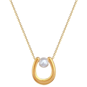 Minimalist gold titanium necklace featuring a U-shaped horseshoe pendant with a white pearl
