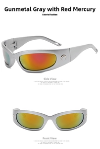 Y2K silver metal sunglasses with orange gradient lenses and crescent moon temple detail