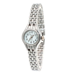Close-up of women's silver quartz watch with white dial and metal link bracelet