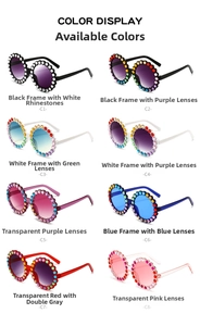 Color options display for round frame kids sunglasses with rhinestone edge decorations