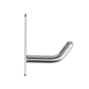 Detailed side view of polished stainless steel J-shaped wall hook with round base