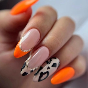 Press On Nails Orange Leopard Print Almond Shape French Gold Glitter Glossy Long Artificial Finger Nails For Women