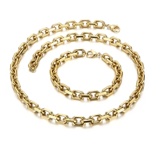 Polished 18K gold plated stainless steel cable link necklace and bracelet set