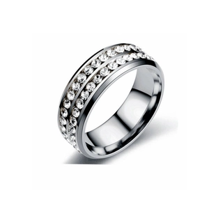 Detailed macro view of silver titanium steel ring featuring double rows of sparkling diamonds