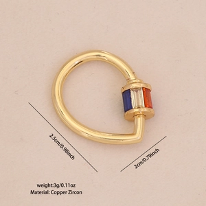 Detailed view of 2.5cm gold carabiner charm with colorful zircon inlay and size dimensions