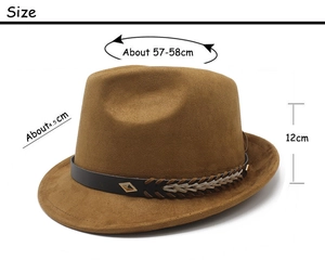 Brown fedora hat size dimensions: 57-58cm circumference, 12cm height, and 4.5cm brim detail