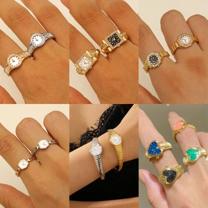 Creative watch-shaped adjustable open rings in gold and silver with colorful enamel dials