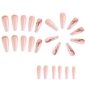 Detailed view of long coffin press-on nails with pink gradient and marble glitter patterns