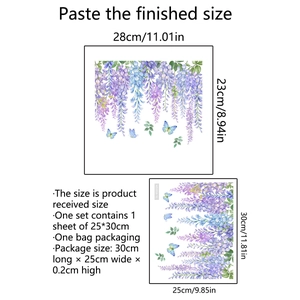 Detailed size guide for wisteria and butterfly wall decals showing layout and dimensions