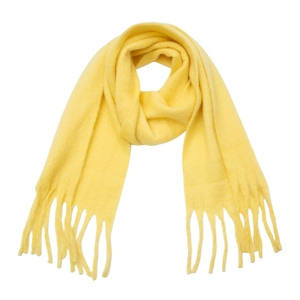 Close-up of soft yellow mohair knit scarf with fringe tassels on white background