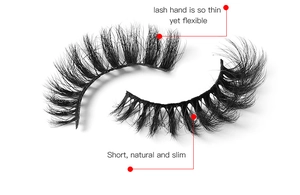 Detail of thin flexible lash band and short natural slim black false eyelashes