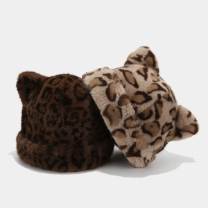 Women's leopard print plush hats with cute fox ears for winter warmth and fashion