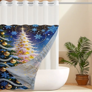 Detail of Christmas shower curtain featuring an artistic winter night scene with white tree