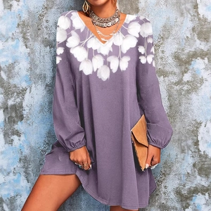 Elegant purple V-neck long sleeve dress with white floral print in a casual style
