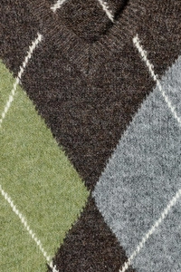 Close-up of the argyle knit texture in brown, green, and blue with detailed stitching