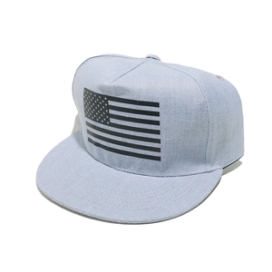 Light blue denim hip hop hat with black American flag print and flat brim design