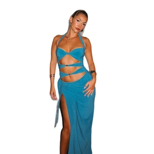 Blue cutout halter maxi dress with metal ring details and high slit for summer vacation
