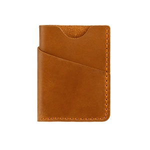 Detail showing hand-stitched edges and premium brown leather texture of the minimalist card holder