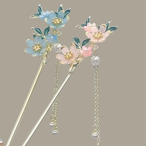 Traditional Chinese hairpins in sky blue and pink with elegant pearl tassels