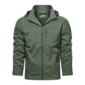 Detail of the hooded windbreaker jacket collar with mountain logo and size L label