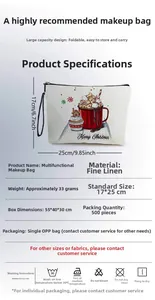 Détail de la trousse de maquillage de Noël en lin montrant les dimensions et le zip