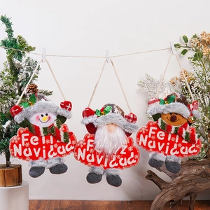 Detailed view of three plush Santa Snowman and Reindeer ornaments with Feliz Navidad text