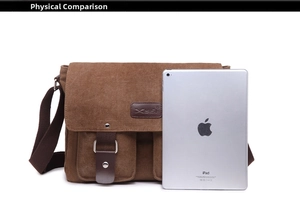 Brown canvas messenger bag size comparison with a tablet showing spacious interior