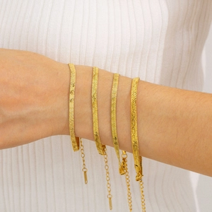 Minimalist 18K gold plated stainless steel flat snake chain bracelets in four widths