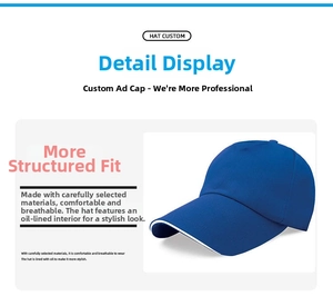 Detail view of a navy baseball cap with white brim piping and structured lining inside