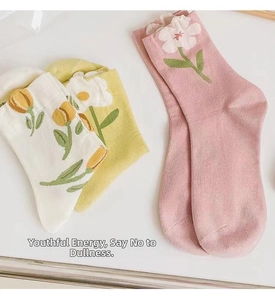 Detailed knit texture of mid-calf socks with tulip, daisy, and floral embroidery