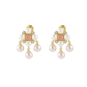 Elegant vintage gold-plated clip-on earrings with pink crystal and dangling pearls