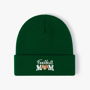 Dark green Football Mom embroidered knit beanie hat with heart football graphic
