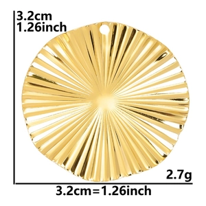 Detail of 18k gold plated round geometric pendant with sunburst texture and size specs