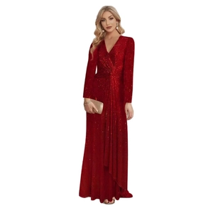 Elegant red sequined evening gown with deep V-neck and long sleeves for gala events