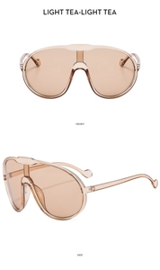 Front and side views of light tea oversized cycling sunglasses with transparent frames