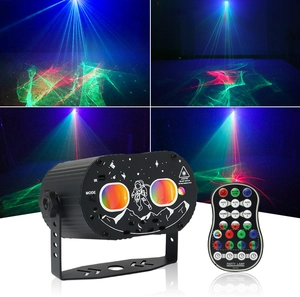 Detail view of astronaut laser projector with remote control and colorful stage light patterns