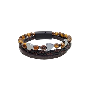 Bracciale multistrato con ciondolo a cuore, perle occhio di tigre e cuoio intrecciato
