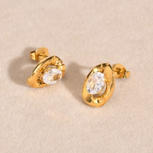 Elegant gold oval zircon earrings with minimalist irregular stainless steel frame