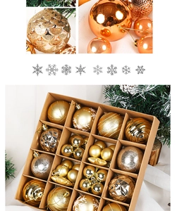 Detailed view of gold and bronze Christmas tree ornaments with glitter and matte finishes