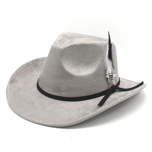 Detail of dark grey suede cowboy hat featuring black ribbon and decorative feather