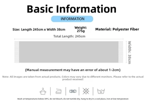 Size chart showing 245x38cm dimensions and care labels for thick knitted winter scarf